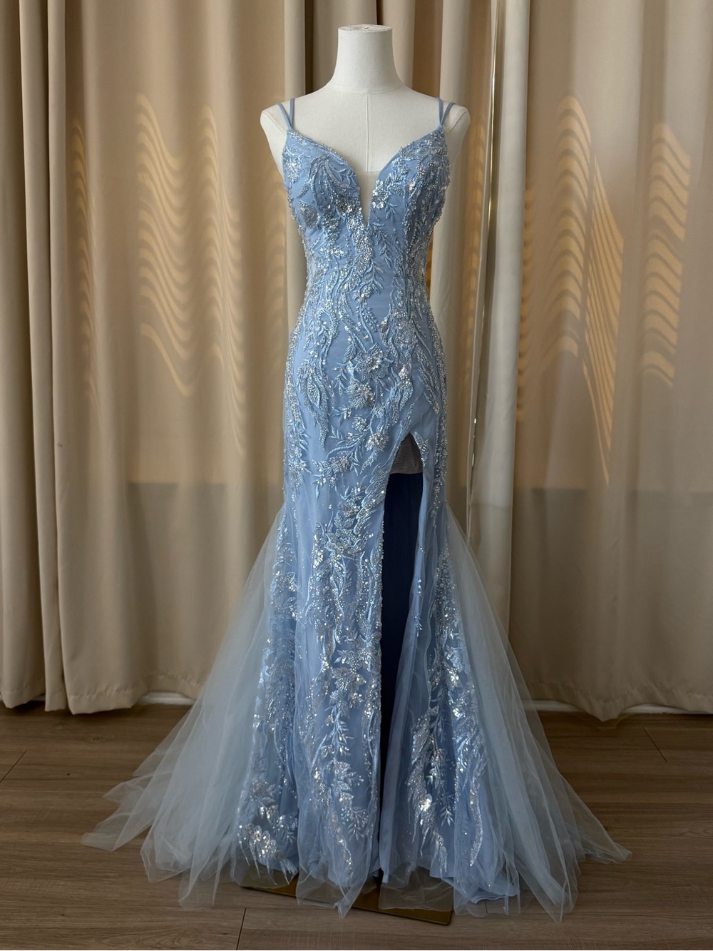 Sparkly Blue Mermaid Spaghetti Straps Tulle Sequin Beaded Long Prom Dress US2